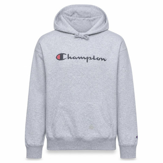Front view of Champion Men's Grey Pullover Hoodie L Logo Fleece Sportswear