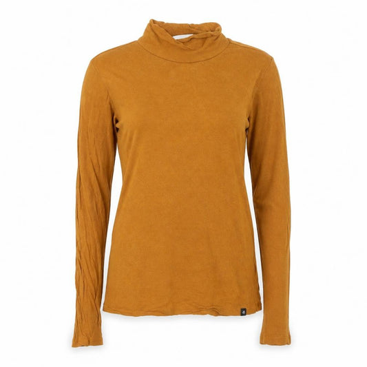 Front view of Scotch & Soda Women's Brown Roll Neck Long Sleeve Modal Top, size M