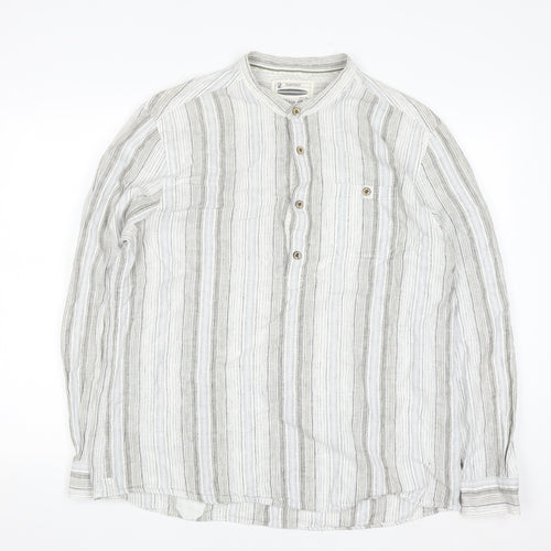 Mantaray Men's Beige Striped Linen Cotton Long Sleeve Casual Shirt L