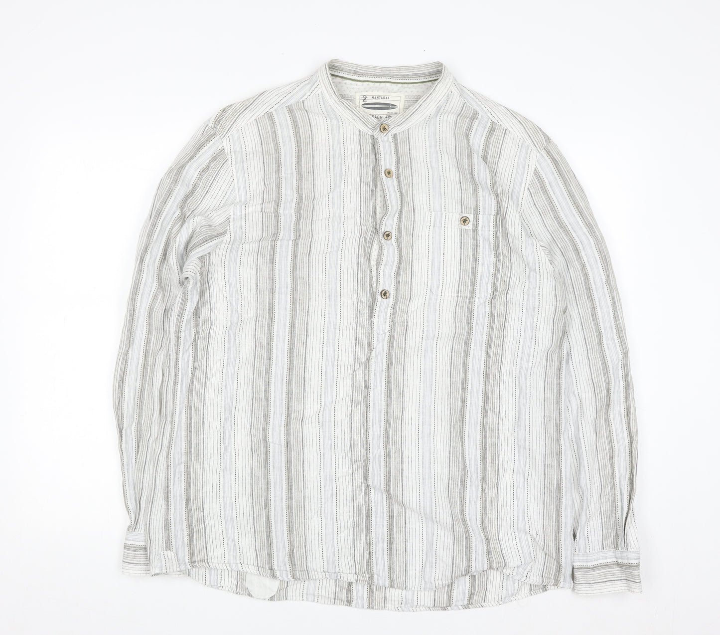Mantaray Men's Beige Striped Linen Cotton Long Sleeve Casual Shirt L