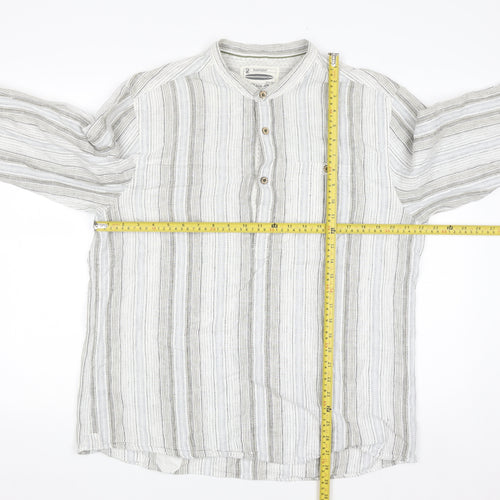 Mantaray Men's Beige Striped Linen Cotton Long Sleeve Casual Shirt L