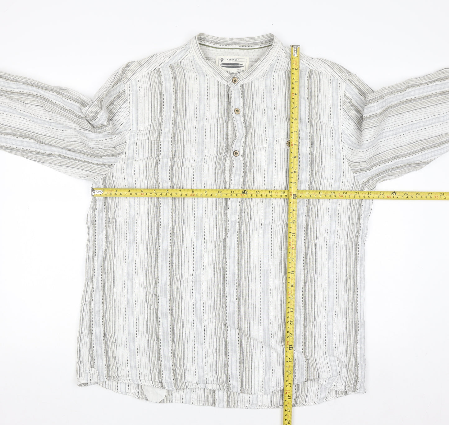 Mantaray Men's Beige Striped Linen Cotton Long Sleeve Casual Shirt L
