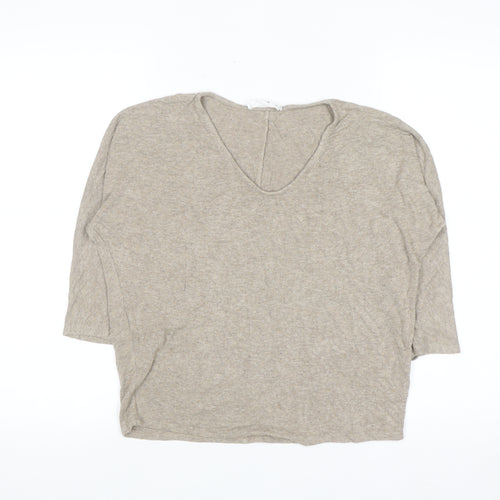 MNG Women's Beige V-Neck 3/4 Sleeve Pullover Jumper XS