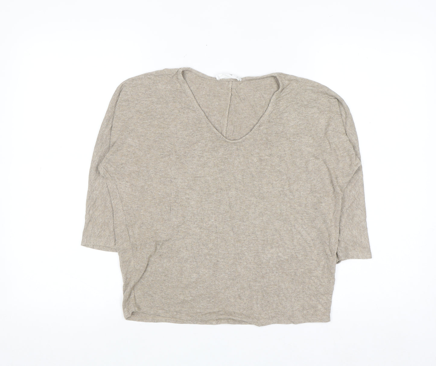 MNG Women's Beige V-Neck 3/4 Sleeve Pullover Jumper XS