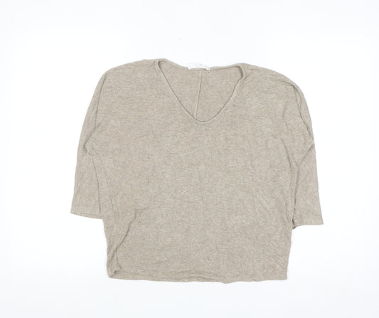 MNG Women's Beige V-Neck 3/4 Sleeve Pullover Jumper XS