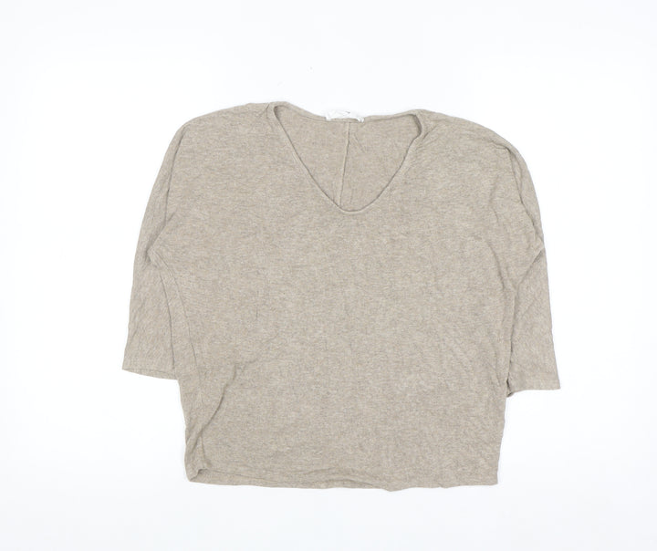 MNG Women's Beige V-Neck 3/4 Sleeve Pullover Jumper XS