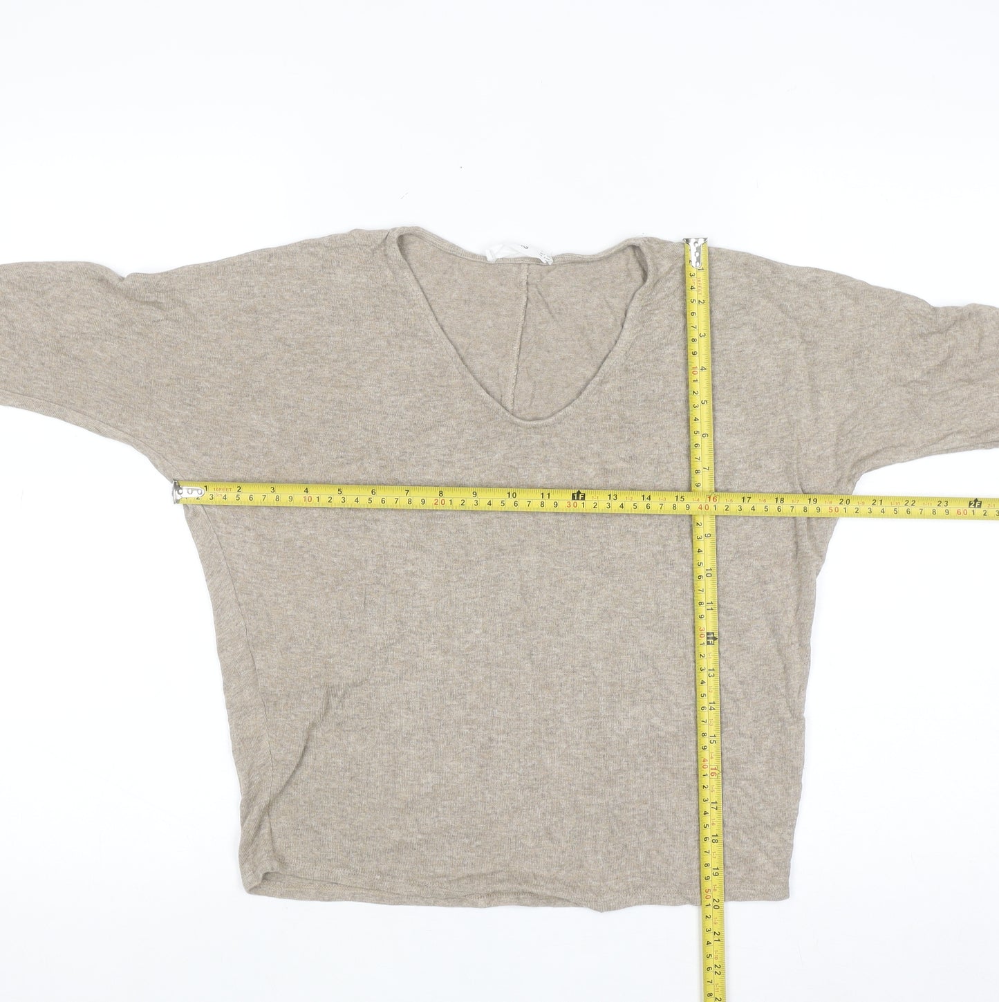 MNG Women's Beige V-Neck 3/4 Sleeve Pullover Jumper XS
