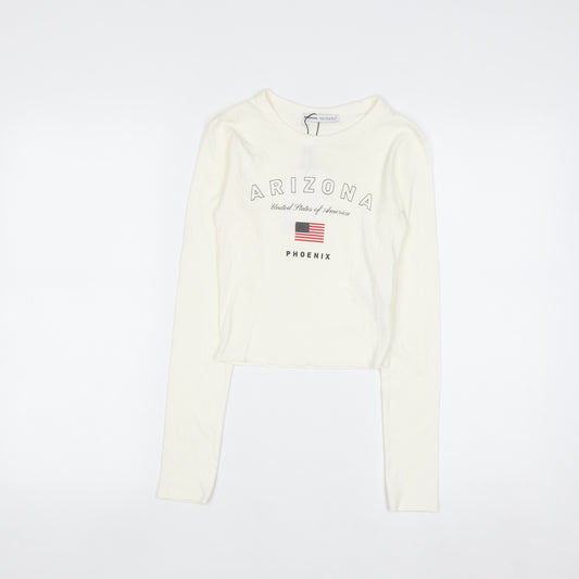 Bershka Women Ivory Cropped Long Sleeve Arizona T-Shirt XS