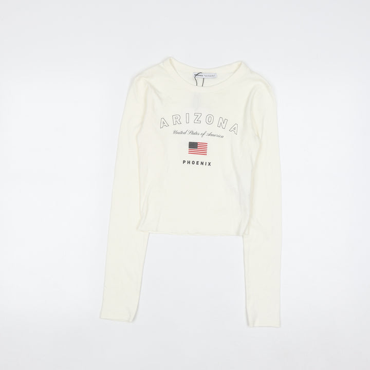 Bershka Women Ivory Cropped Long Sleeve Arizona T-Shirt XS