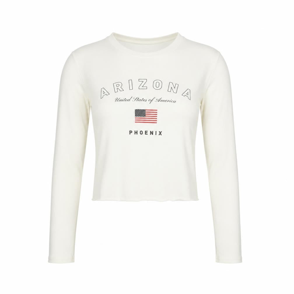 Bershka Women Ivory Cropped Long Sleeve Arizona T-Shirt XS