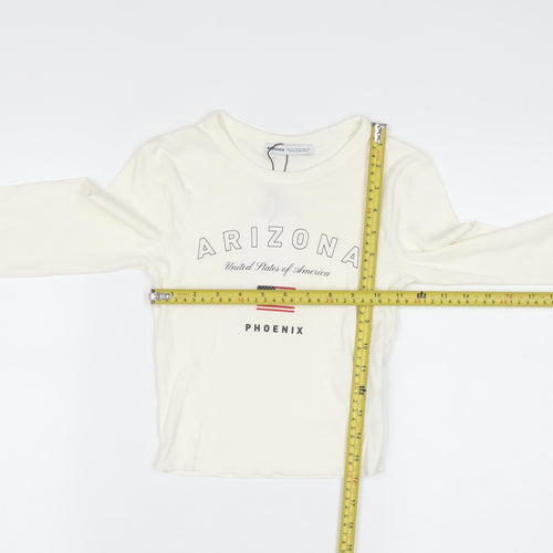Bershka Women Ivory Cropped Long Sleeve Arizona T-Shirt XS