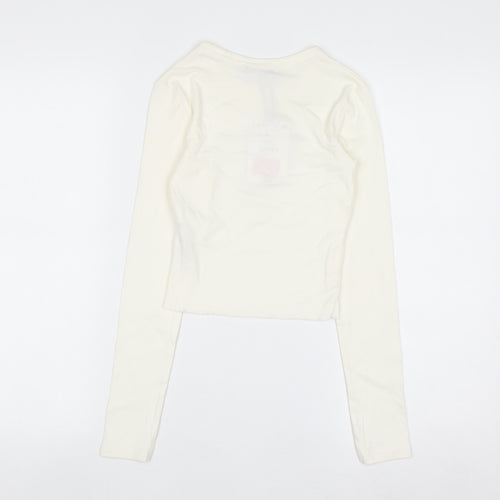 Bershka Women Ivory Cropped Long Sleeve Arizona T-Shirt XS