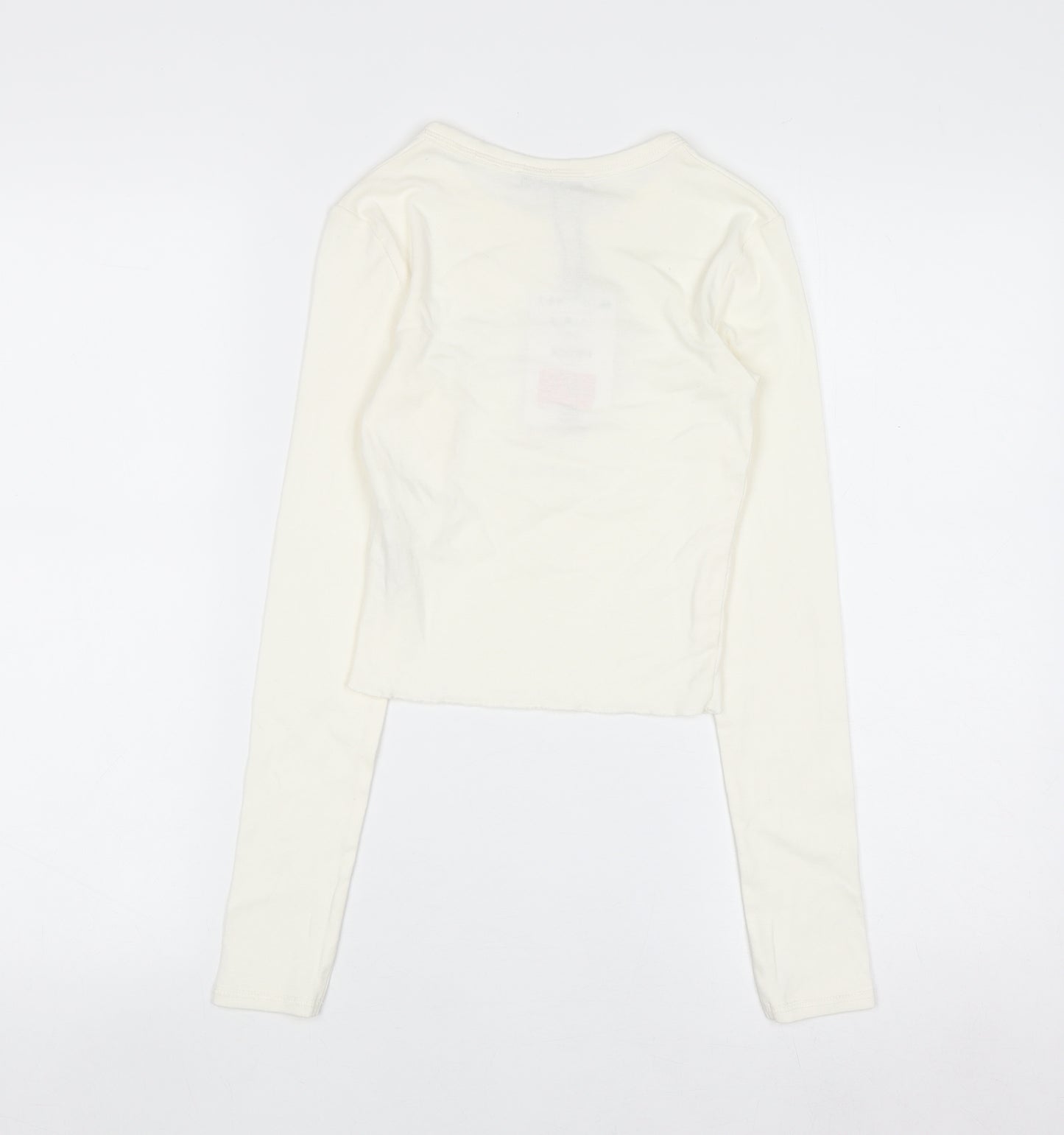Bershka Women Ivory Cropped Long Sleeve Arizona T-Shirt XS