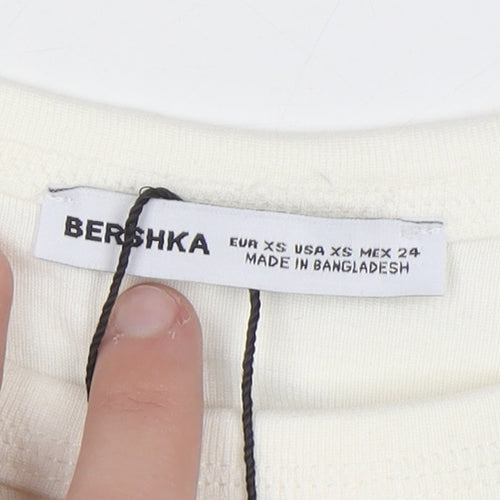 Bershka Women Ivory Cropped Long Sleeve Arizona T-Shirt XS