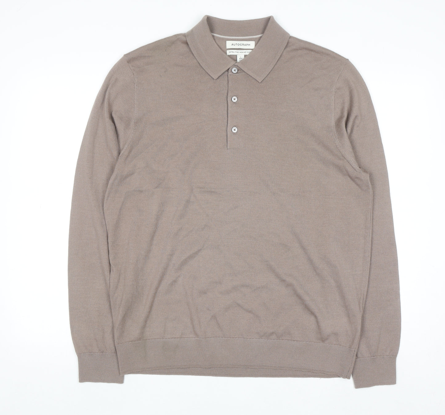 Marks and Spencer Men Beige Merino Wool Henley Jumper L