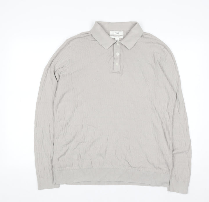 Marks and Spencer Men's Beige Collared Knit Jumper XL Cotton Modal