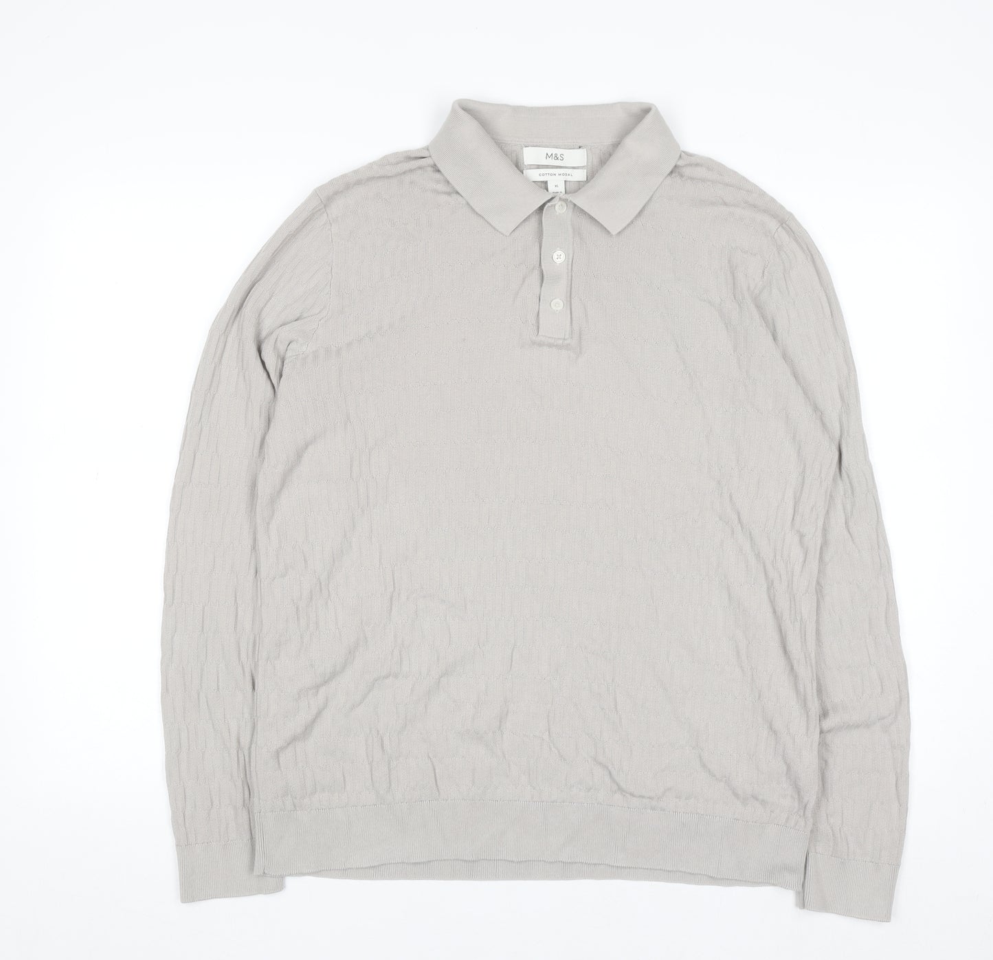 Marks and Spencer Men's Beige Collared Knit Jumper XL Cotton Modal