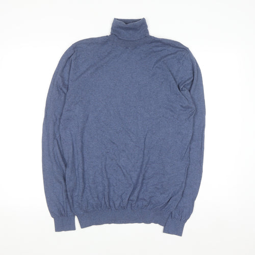 Massimo Dutti Men's Blue Roll Neck Jumper L Cotton Silk Cashmere