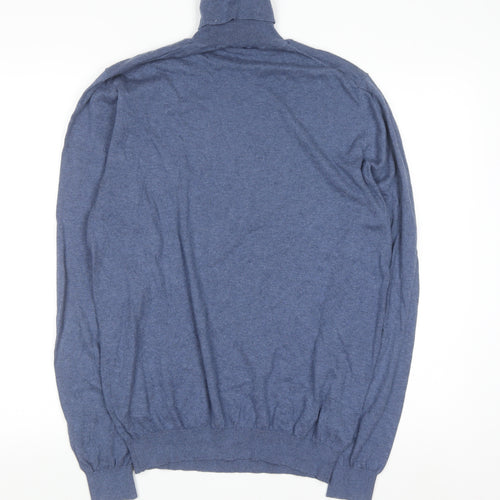 Massimo Dutti Men's Blue Roll Neck Jumper L Cotton Silk Cashmere
