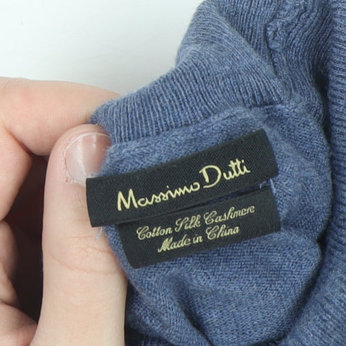 Massimo Dutti Men's Blue Roll Neck Jumper L Cotton Silk Cashmere