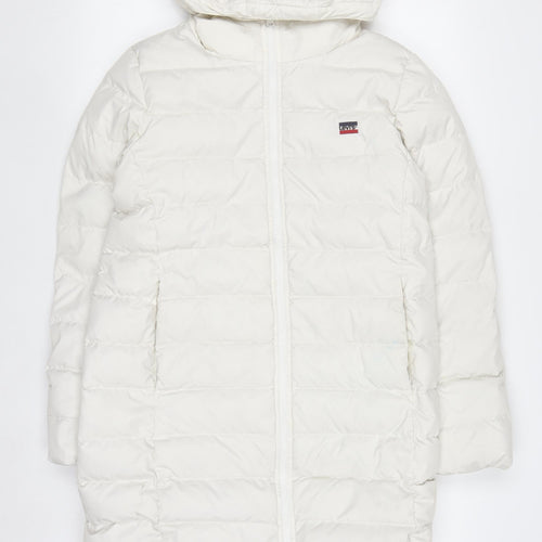 Levi's Women's White Long Puffer Down Coat Size S Hooded Winter Jacket