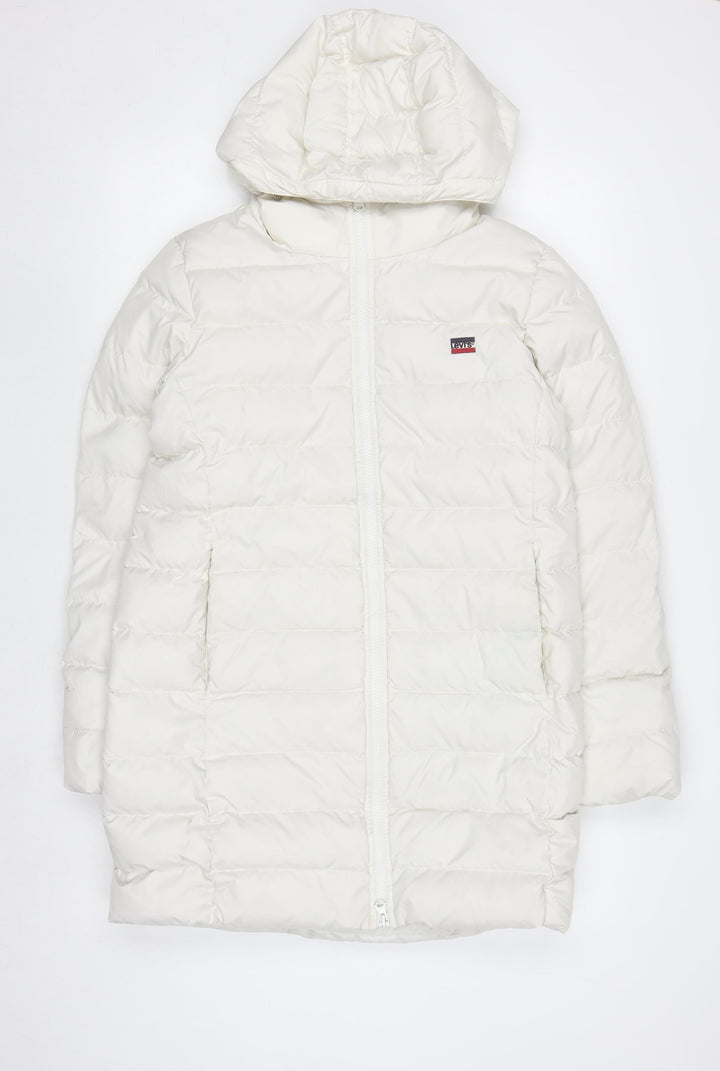 Levi's Women's White Long Puffer Down Coat Size S Hooded Winter Jacket