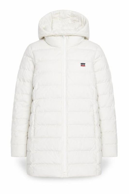 Front view of Levi's Women's White Long Puffer Down Coat, size S, Hooded Winter Jacket