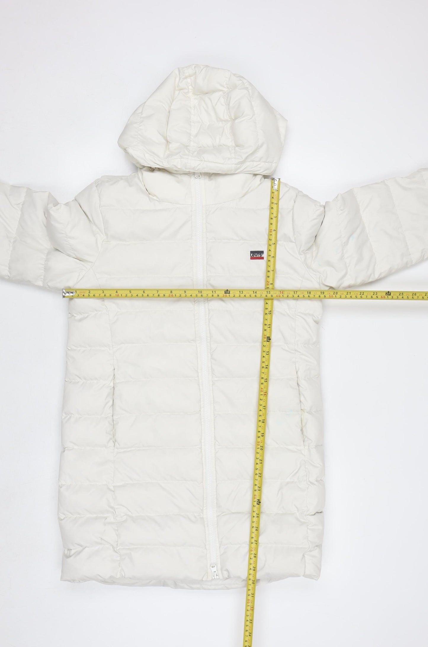 Levi's Women's White Long Puffer Down Coat Size S Hooded Winter Jacket