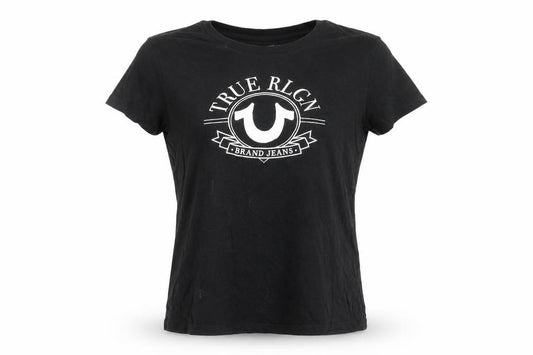Front view of True Religion Women's Black XL Logo Cotton T-Shirt