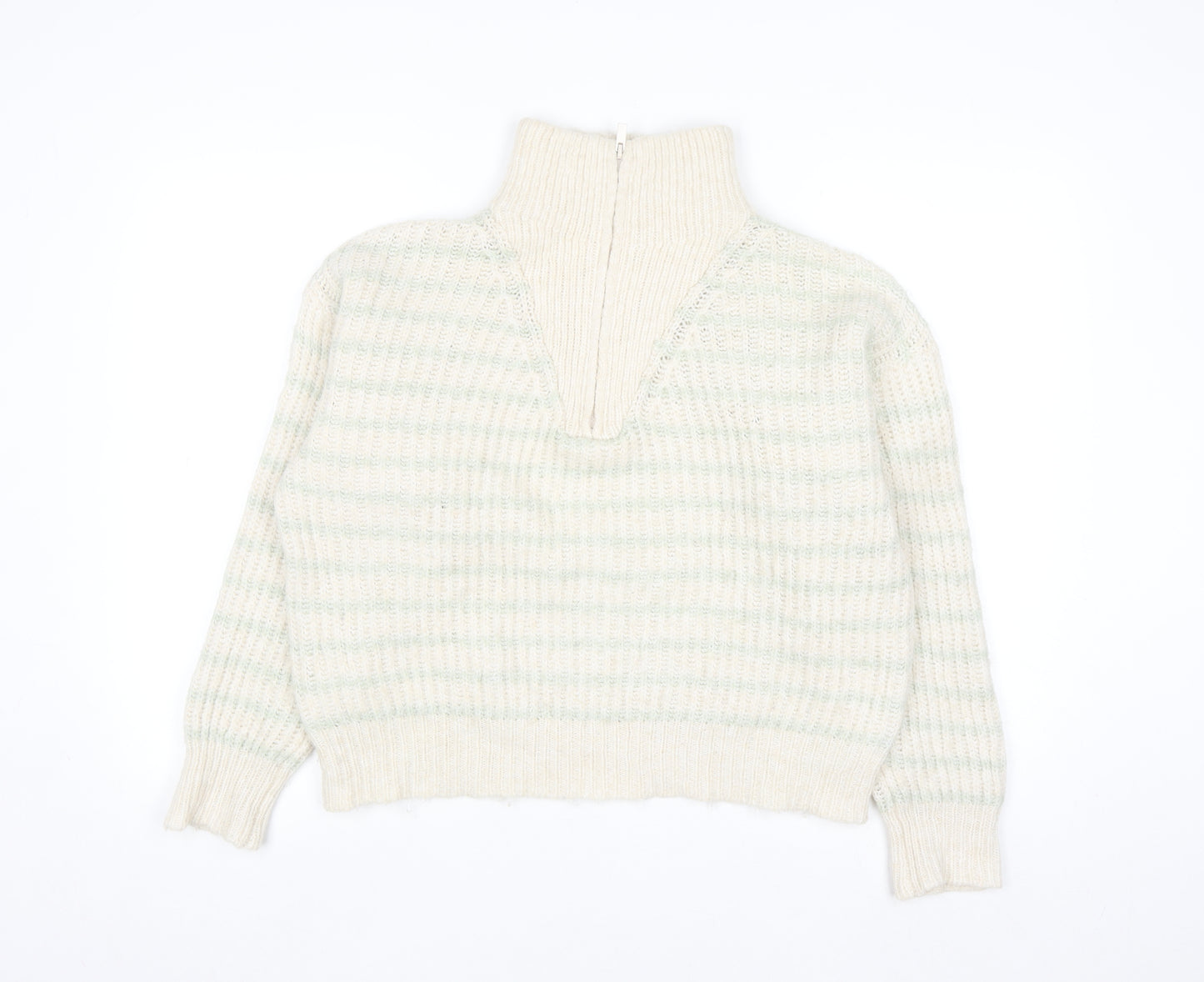 MNG Women's Beige Chunky Knit Wool Blend Half Zip Jumper Size S