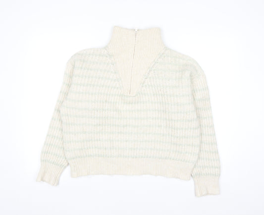 MNG Women's Beige Chunky Knit Wool Blend Half Zip Jumper Size S