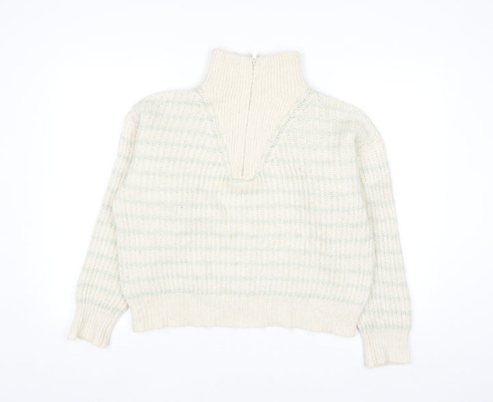 MNG Women's Beige Chunky Knit Wool Blend Half Zip Jumper Size S