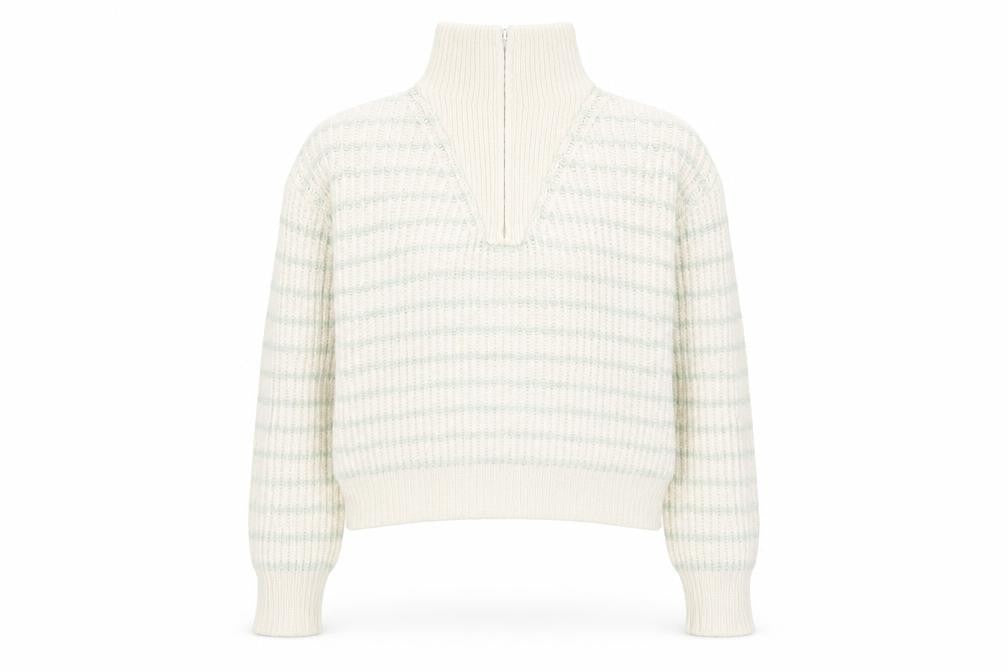 Front view of Mango Women's Beige Chunky Knit Wool Blend Half Zip Jumper, size S