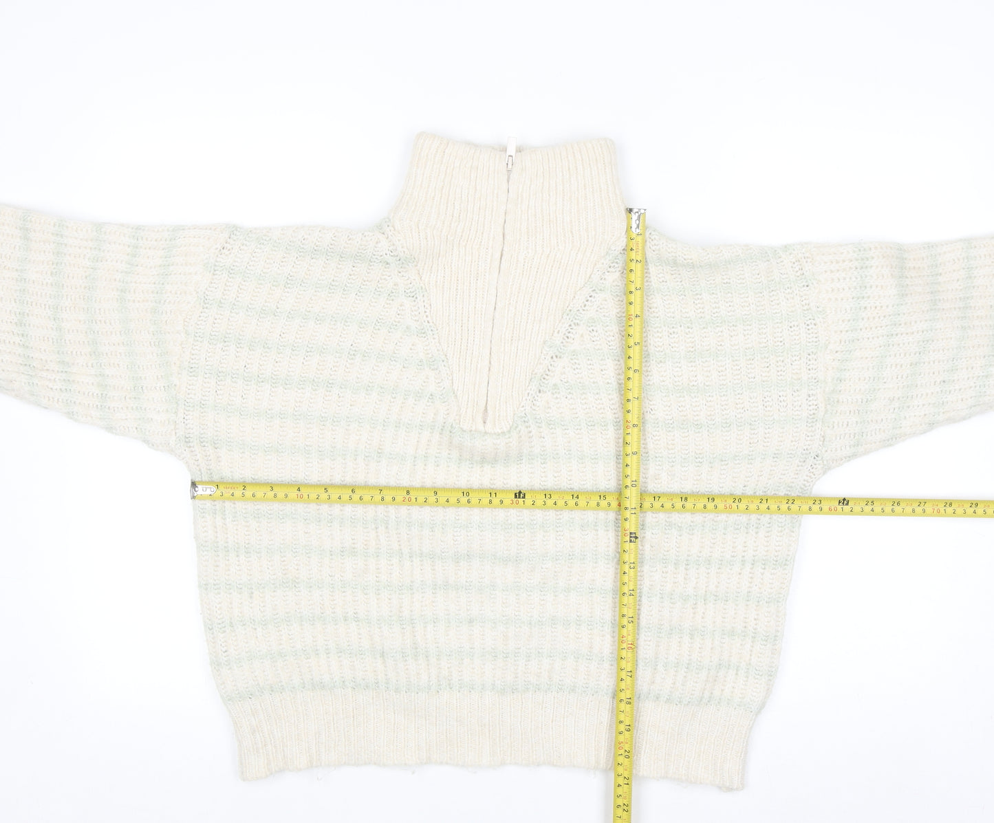 MNG Women's Beige Chunky Knit Wool Blend Half Zip Jumper Size S