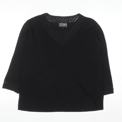 Casamia Exclusive Women's Black Beaded V-Neck 3/4 Sleeve Pullover Jumper M