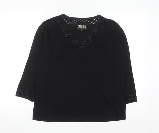 Casamia Exclusive Women's Black Beaded V-Neck 3/4 Sleeve Pullover Jumper M