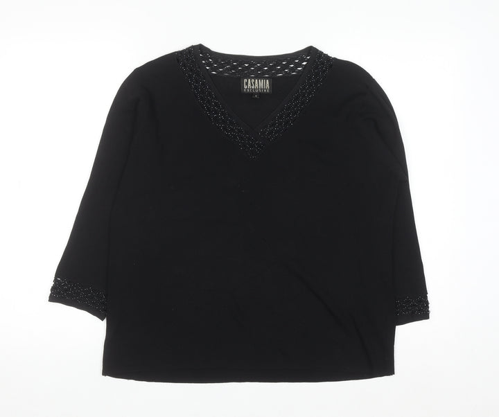 Casamia Exclusive Women's Black Beaded V-Neck 3/4 Sleeve Pullover Jumper M