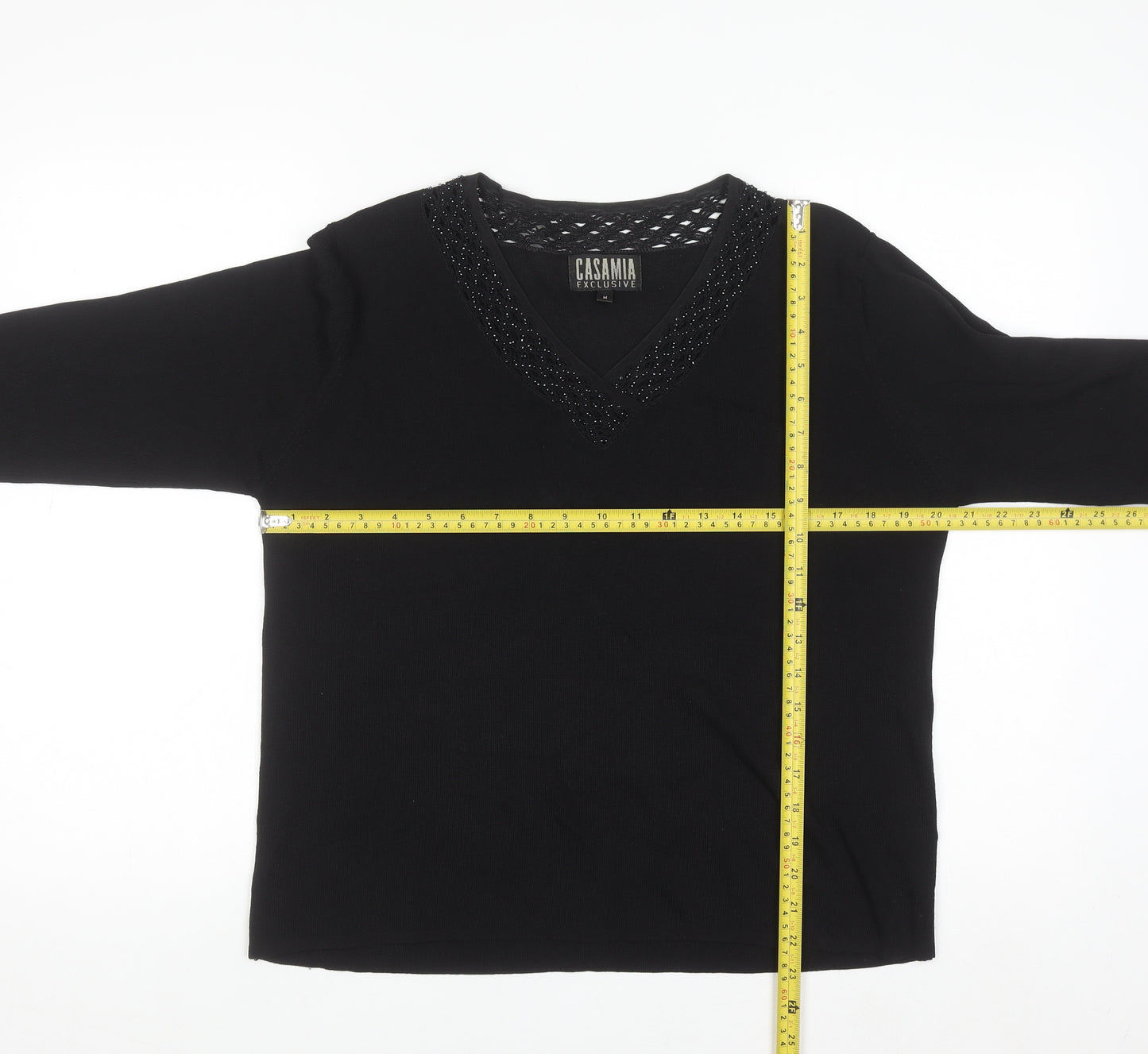 Casamia Exclusive Women's Black Beaded V-Neck 3/4 Sleeve Pullover Jumper M