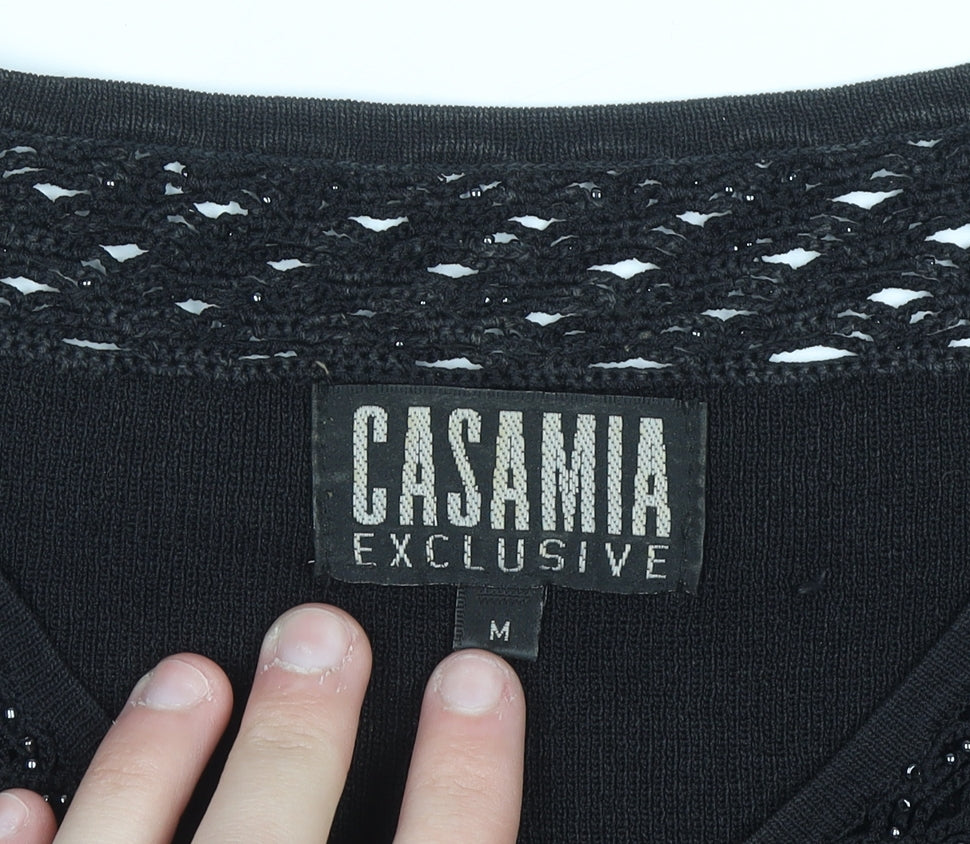 Casamia Exclusive Women's Black Beaded V-Neck 3/4 Sleeve Pullover Jumper M