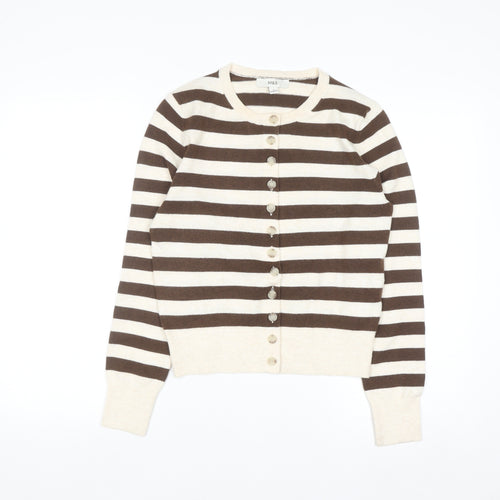 Marks and Spencer Women Brown Striped Crew Neck Cardigan Size S