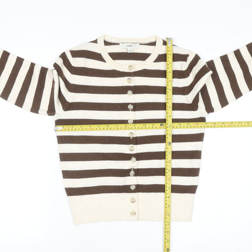 Marks and Spencer Women Brown Striped Crew Neck Cardigan Size S