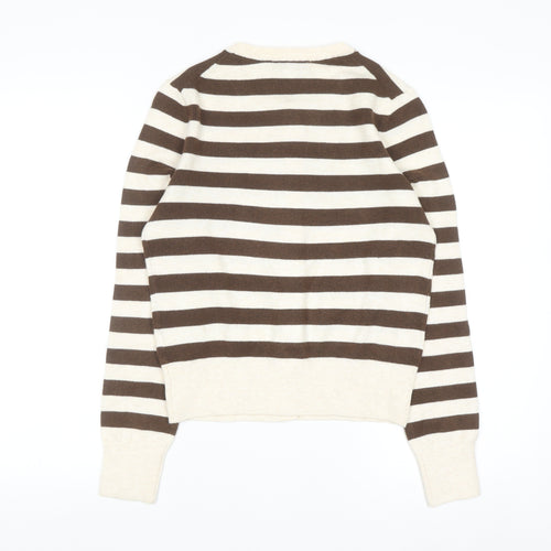 Marks and Spencer Women Brown Striped Crew Neck Cardigan Size S