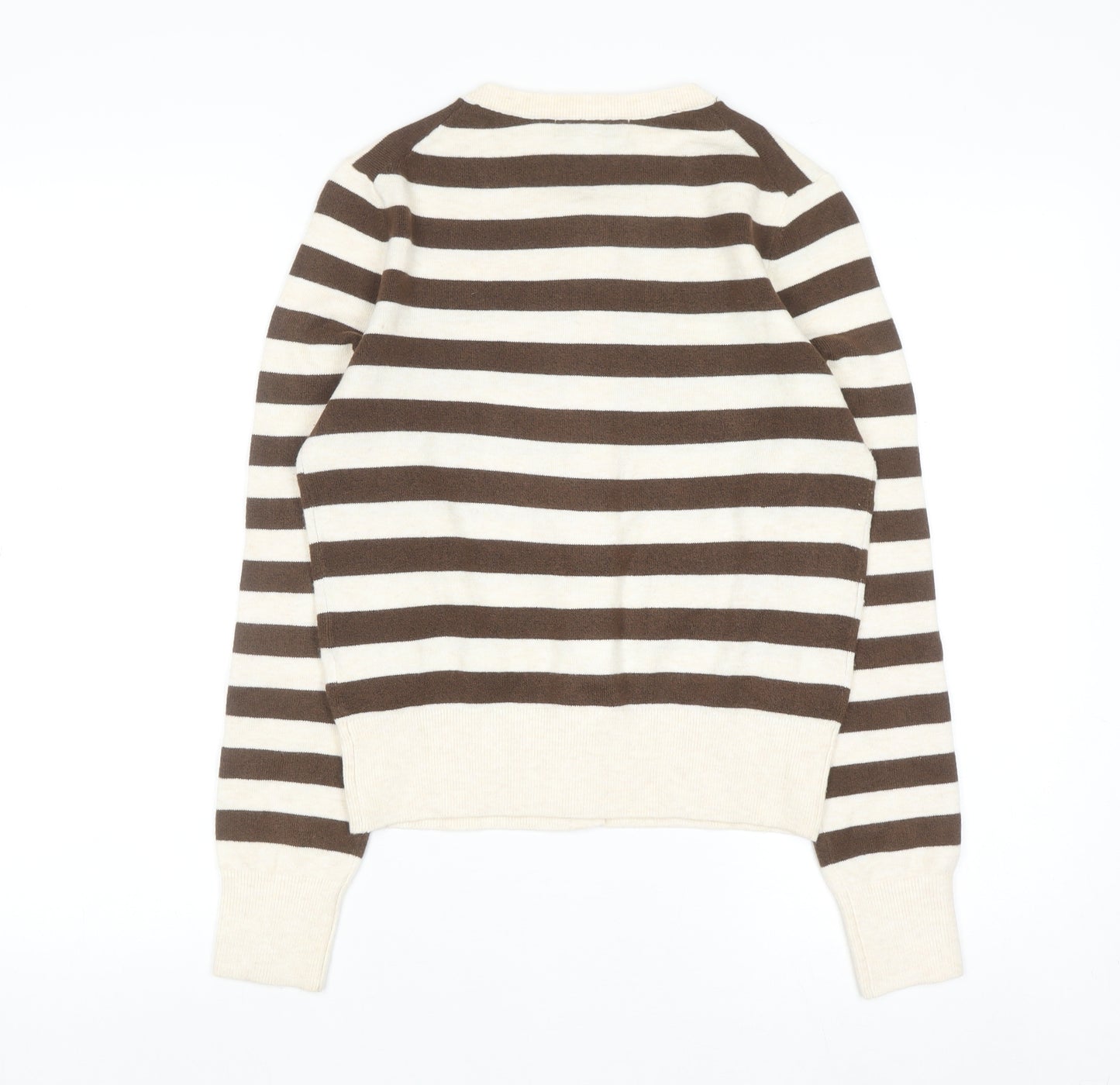 Marks and Spencer Women Brown Striped Crew Neck Cardigan Size S