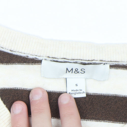 Marks and Spencer Women Brown Striped Crew Neck Cardigan Size S