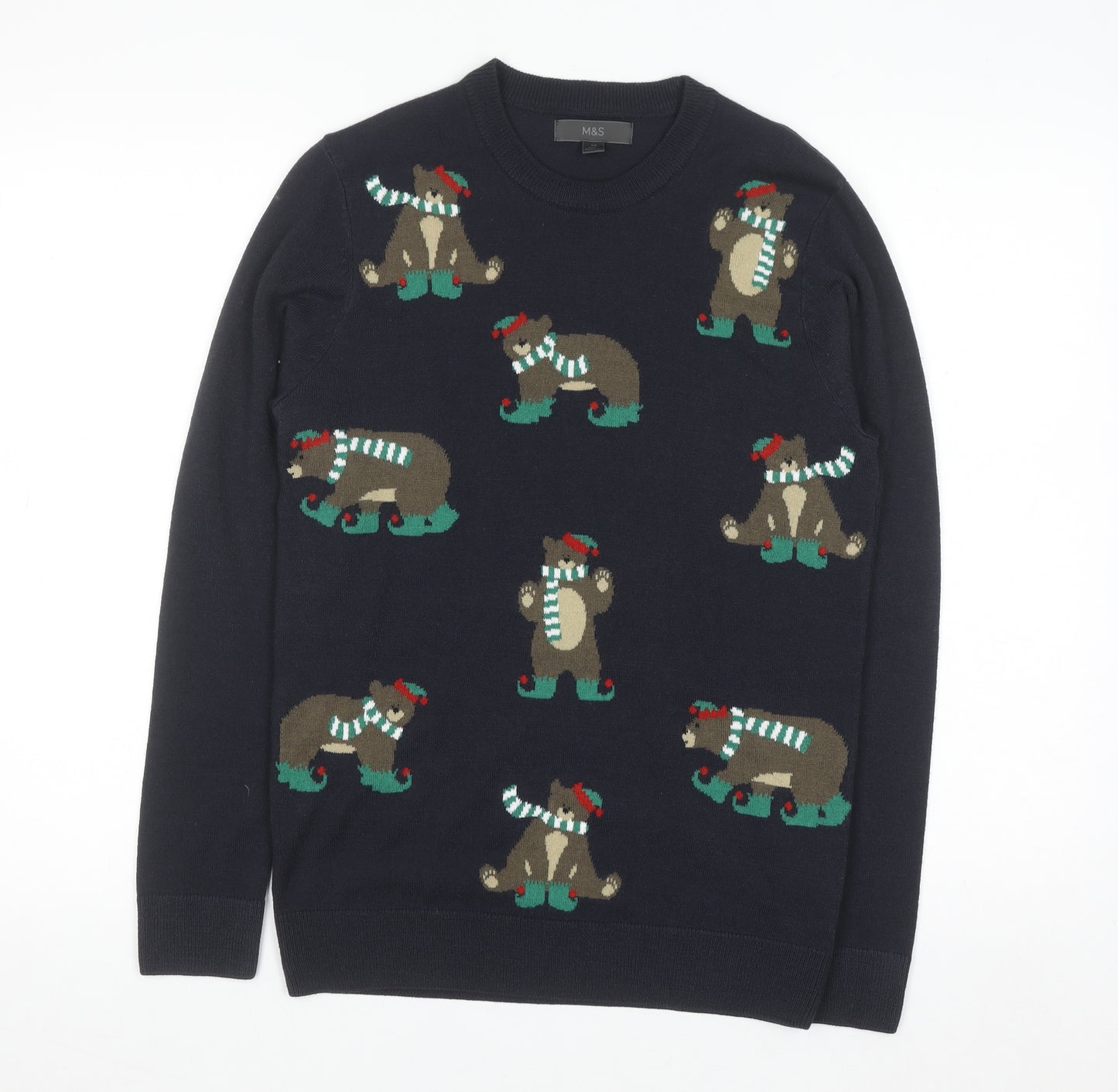 Marks and Spencer Men's Blue XS Christmas Bear Knit Jumper