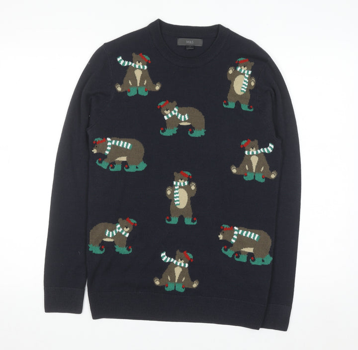 Marks and Spencer Men's Blue XS Christmas Bear Knit Jumper