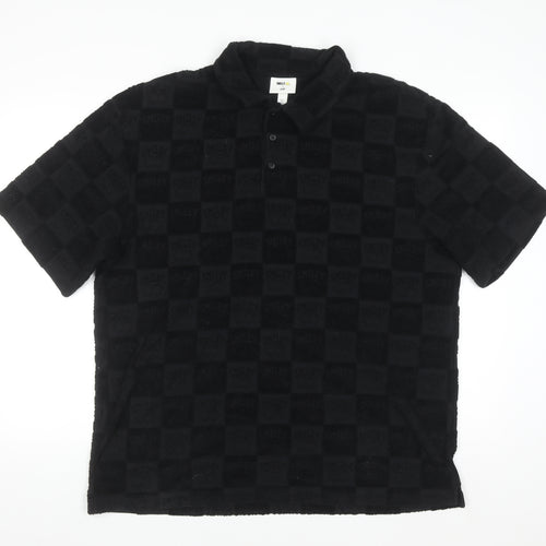 H&M x Smiley Black Check Polo Shirt Men L Cotton Blend