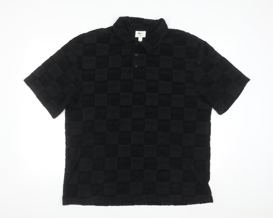H&M x Smiley Black Check Polo Shirt Men L Cotton Blend