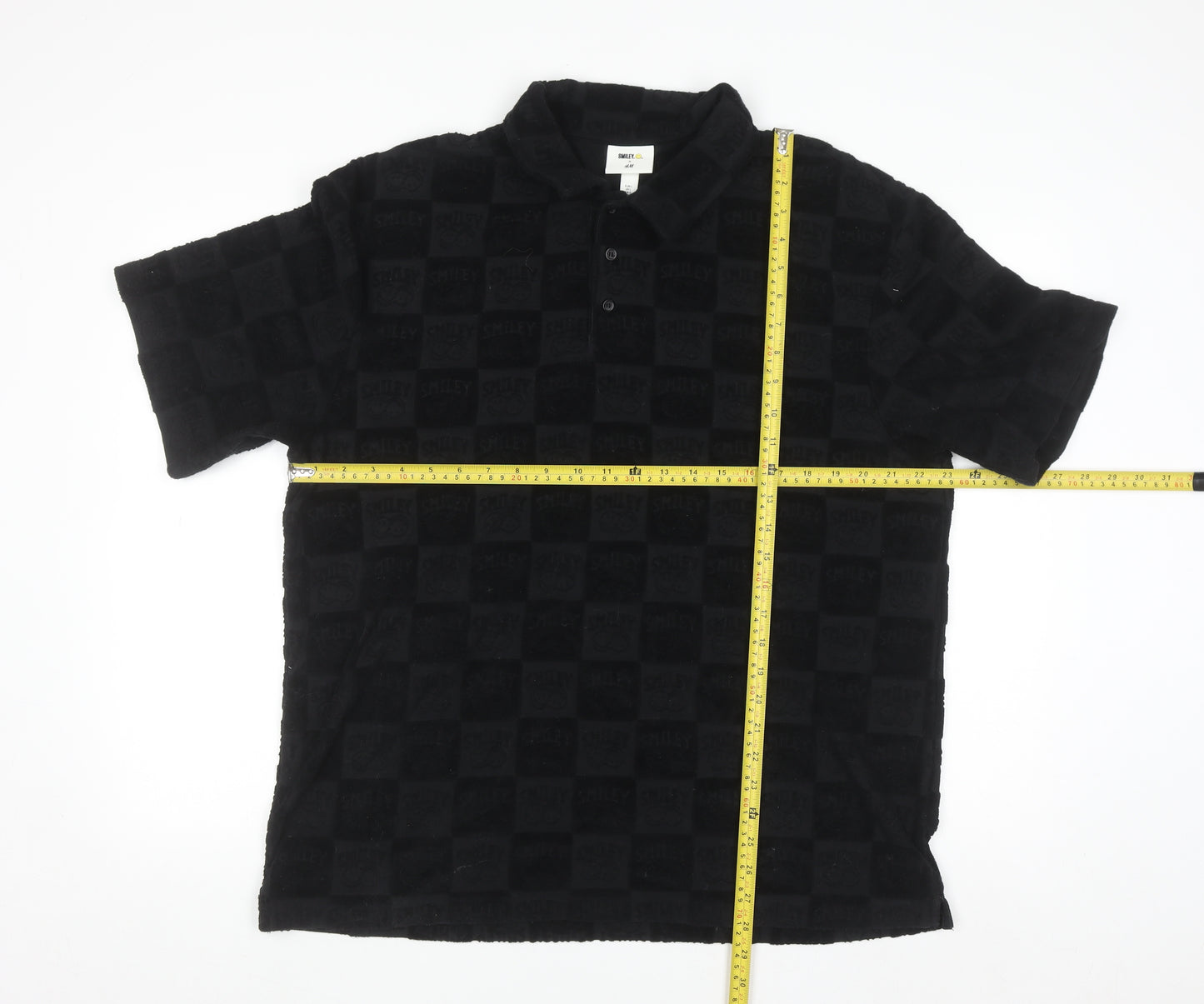 H&M x Smiley Black Check Polo Shirt Men L Cotton Blend