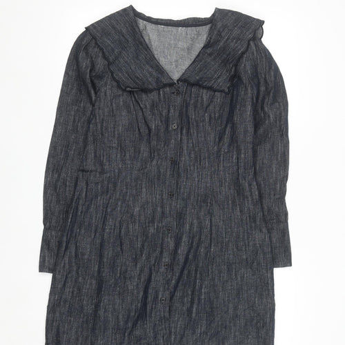 Marks and Spencer Women Blue Size 14 Linen Blend Knee Length Shirt Dress